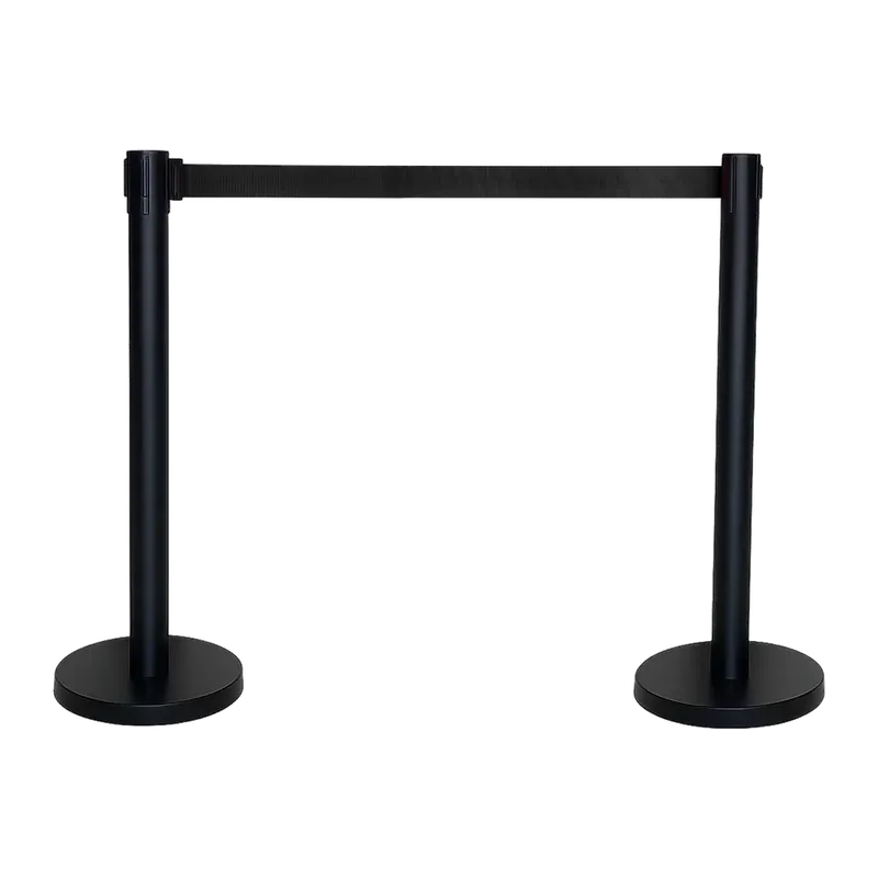 Two black belt stanchions on round flat bases, a black retractable belt pulled level between their heads.