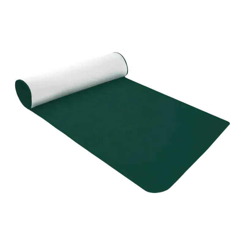 Dark green carpet runner lying open with the end still rolled up, the white underside showing on the roll.