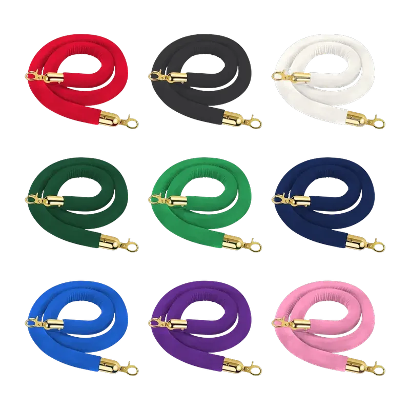 Nine coiled velvet ropes in three rows, each with gold end caps and snap hooks: red, black and white; dark green, green and navy; blue, purple and pink.